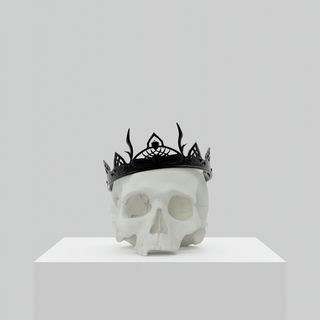A skull wearing a silver crown